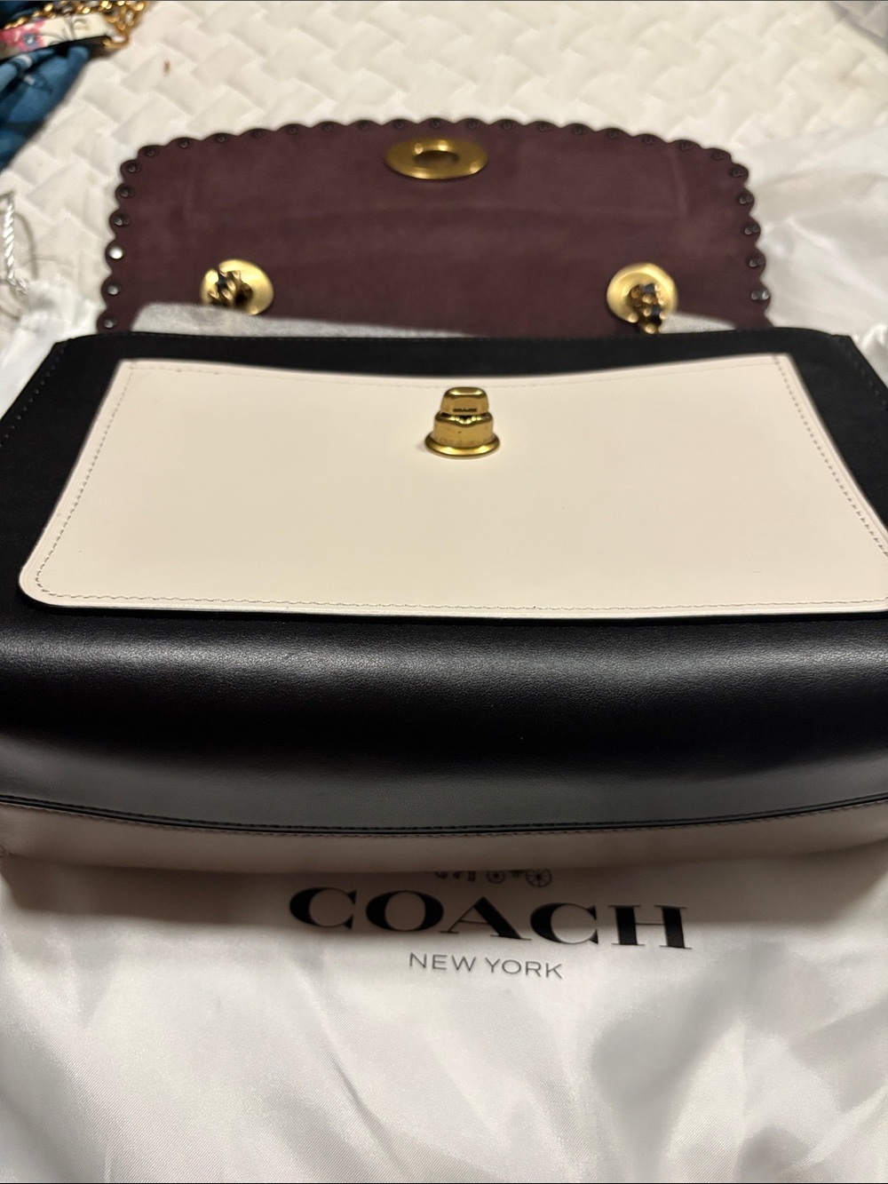 Leather Chain Shoulder Bag in Black, Cream & Taupe